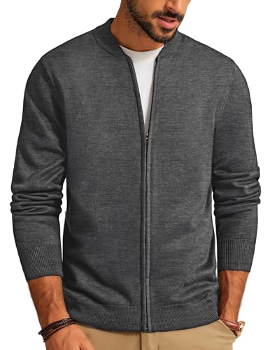 Mens Classic 2-Way Zip Cardingan Sweater Stand Collar Baseball